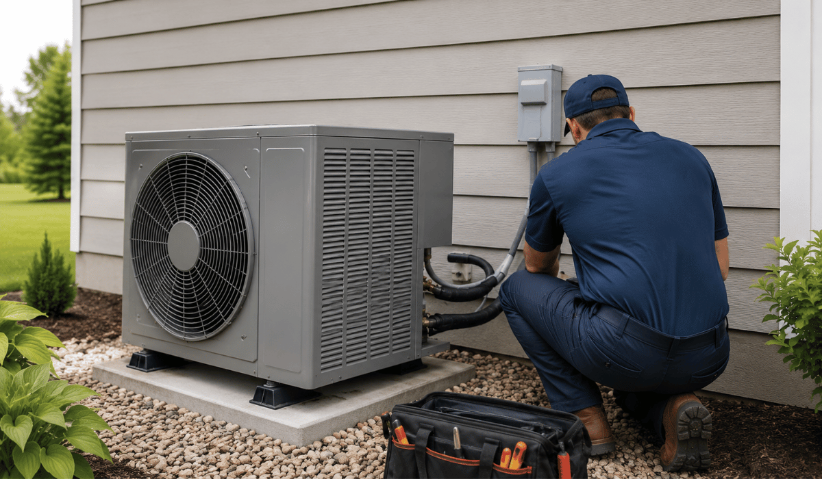 HVAC technician inspecting an outdoor heat pump unit for repair at a residential home.